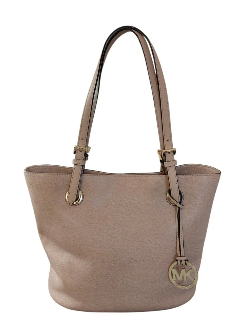Michael Kors Peach Beige Leather Tote Shoulder Bag w Gold MK Charm
